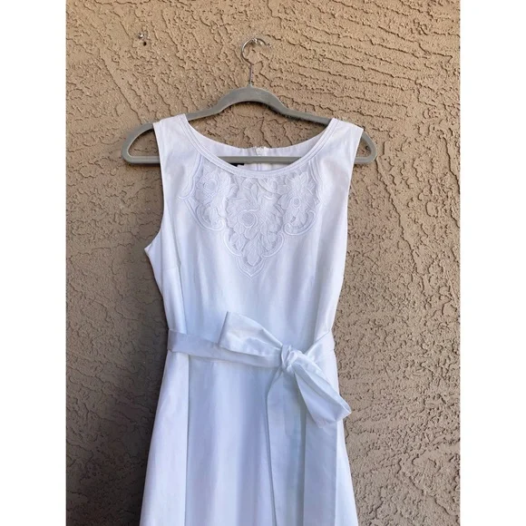 TALBOTS White Embroidered Sateen Fit & Flare Tie Belted Midi Dress Sz 12 - Picture 13 of 14